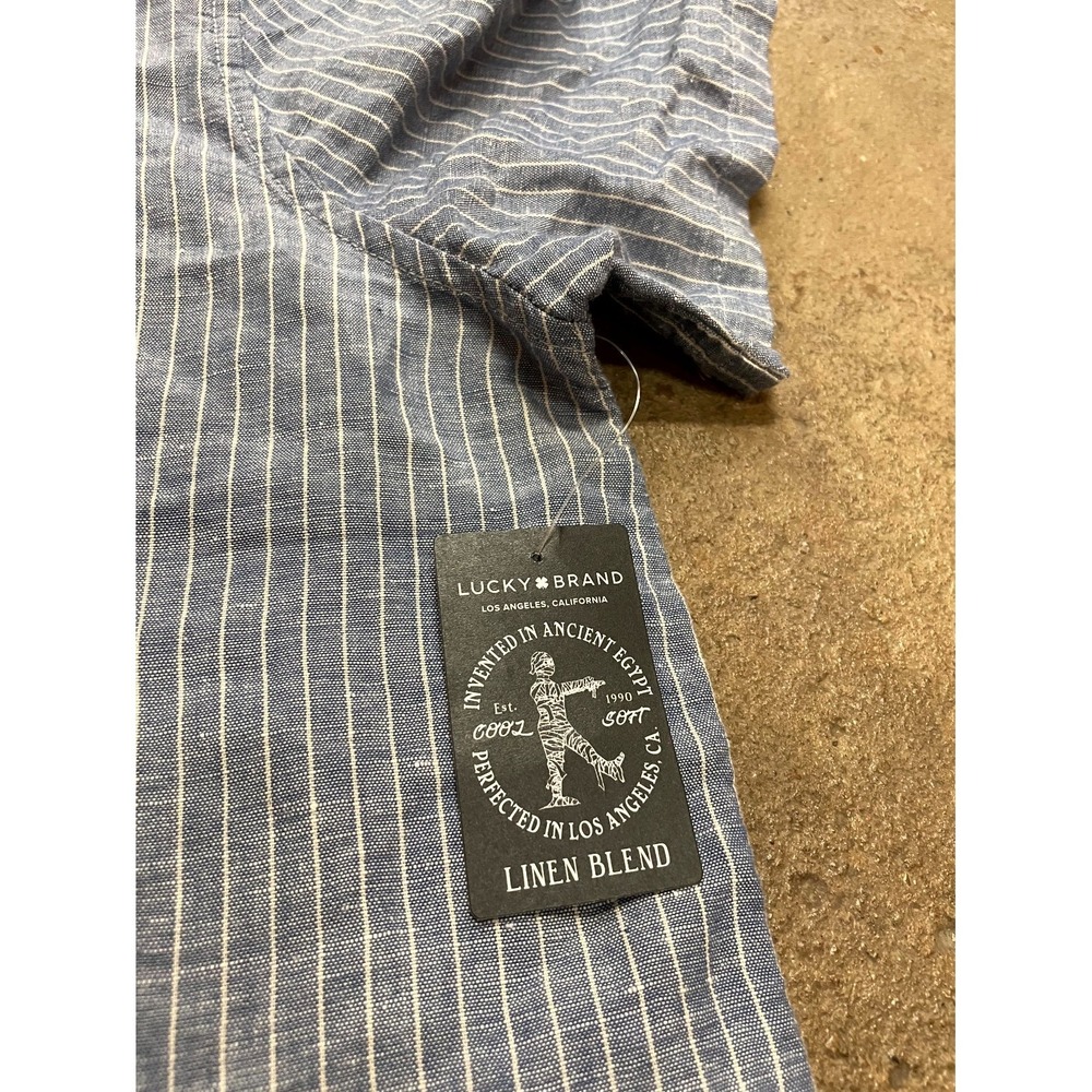 Lucky Brand Shirt Mens XL Blue Striped Linen Short Sleeve Camp Collar Casual - Picture 4 of 16